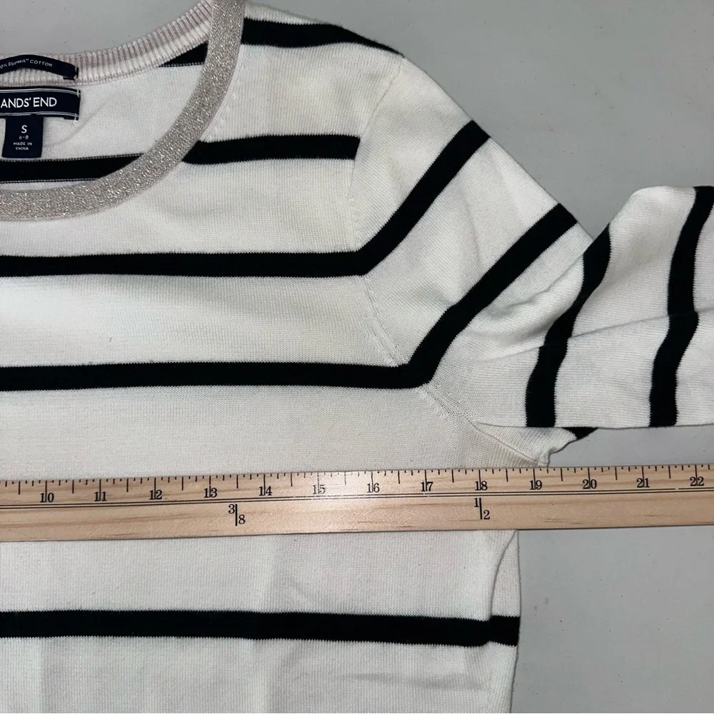 Lands End‎ Women’s Striped 100% Supima Cotton Sweater Sz S 3/4 Sleeve Metalli